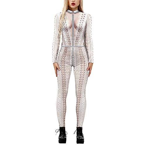 Petalum Skelett Overall Damen Halloween Weihnachten Karneval Kostüm Langarm 3D Rücken Zip Catsuit Bodycon Ganzkörperanzug Cosplay Bodysuit von Petalum