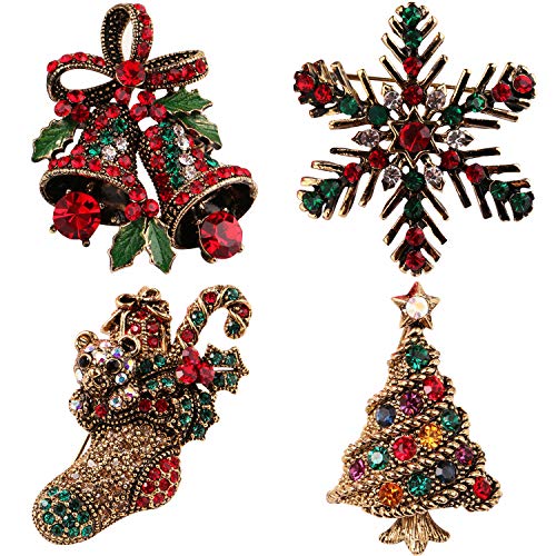 Petalum Weihnachtsdeko Brosche Weihnachtsmann Weihnachtsbrosche Vintage Anstecknadel Pins Kristall Strass Schmuck Schneemann Schneeflocken Rentier Bell Sicherheitsnadel Modeschmuck (One size, 4pcs) von Petalum