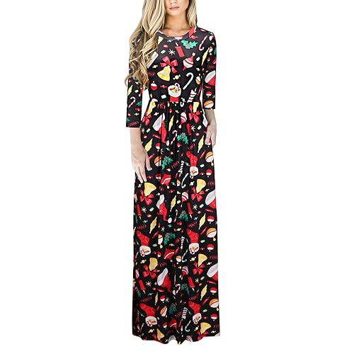 Petalum Weihnachtskleid Damen Maxikleid Langarm Casual Gedruckt Weihnachtsmann Schneemann Abend Zeremonie Cocktail, Bell, 34 von Petalum