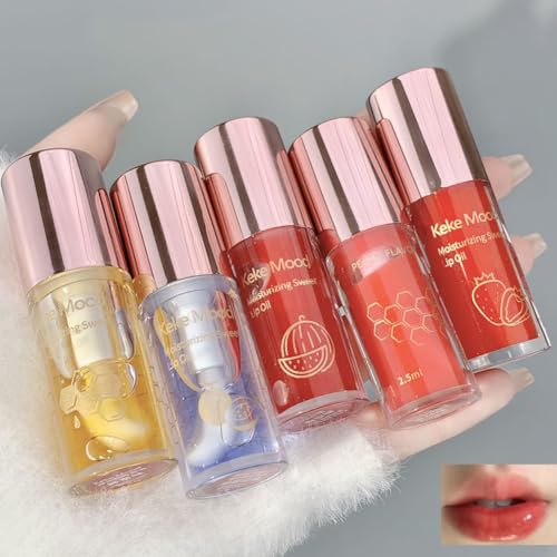 Hydrating Lip Glow Oil 5 Packs Plumping Lip Oil Moisturizing Lip Balm Tinted Lip Oil Glossy Lip Make-up für Lippenpflege und trockene Lippen mit großem Pinselkopf von Petansy