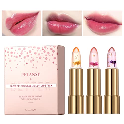 Petansy 3 Pack Crystal Jelly Flower Lipstick Set Nutritious Temperature Change Lip Balm Long Lasting Moisturizer Lip Gloss Magic Color Change Lip Stick Set von Petansy