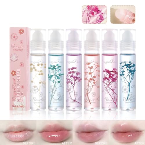 Roll On Lip Gloss Se 6 Packungen Flower Jelly Lip Oil Long Lasting Moisturizer Lip Blam mit echten Blumen Glossy Lip Make-up für trockene und rissige Lippen von Petansy