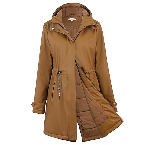 Regenmantel Damen Gefüttert Regenjacke Damen Wasserdicht Übergangsjacke Mit Kapuze Lang Warm Regenparka Für Frühling Outdoor Windbreaker Friesennerz, Coffee, 36 von Peter Patter