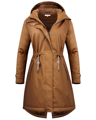 Regenmantel Damen wasserdicht Winterjacke Wintermantel lang Regenjacke gefüttert warm Übergangsjacke Herbst Softshelljacke mit Kapuze windjacke leicht Parka Winter Outdoorjacke, Coffee, 38 von Peter Patter
