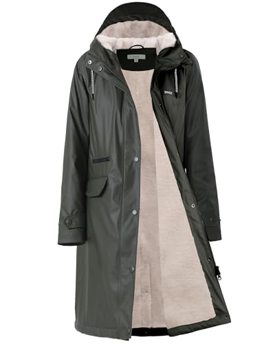 Regenmantel damen gefüttert mit Teddy-Fleece Regenjacke damen wasserdicht mit Kunstfell warm Friesennerz lang PU Windbreaker Regenparka für Winter,grün,42 von Peter Patter
