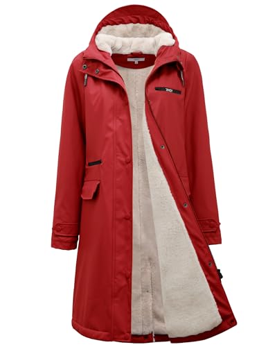 Regenmantel damen gefüttert mit Teddy-Fleece Regenjacke damen wasserdicht mit Kunstfell warm Friesennerz lang PU Windbreaker Regenparka für Winter,rot,42 von Peter Patter