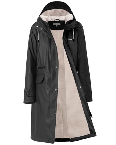 Regenmantel damen gefüttert mit Teddy-Fleece Regenjacke damen wasserdicht mit Kunstfell warm Friesennerz lang PU Windbreaker Regenparka für Winter,schwarz,40 von Peter Patter