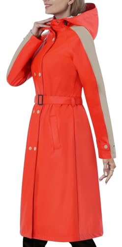 Regenmantel damen lang mit Gürtel und Kapuze Regenjacke damen wasserdicht gefüttert Softshelljacke Friesennerz PU Windbreaker,Orange,42 von Peter Patter