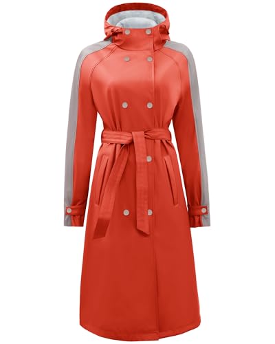 Regenmantel damen lang mit Gürtel und Kapuze Regenjacke damen wasserdicht gefüttert Softshelljacke Friesennerz PU Windbreaker von Peter Patter