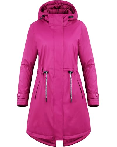 gefütterte Regenjacke Damen Winterjacke Damen warm Regenmantel Regenparka Damen wasserdicht Wintermantel lang Friesennerz gefüttert Übergangsjacke Herbst Winter,Rosenrot/42 von Peter Patter
