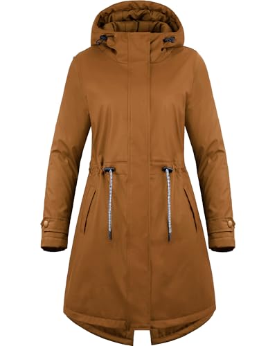 gefütterte Regenjacke Damen Winterjacke Damen warm Regenmantel Regenparka Damen wasserdicht Wintermantel lang Friesennerz gefüttert Übergangsjacke Herbst Winter,braun/42 von Peter Patter