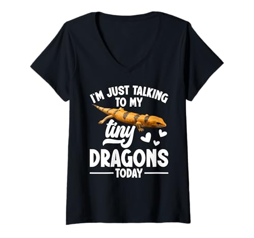 Damen Echsenbesitzer spricht mit Reptil, das Peters gebändertes Skink hält T-Shirt mit V-Ausschnitt von Peter´s Banded Skink Illustration For Lizard Lover