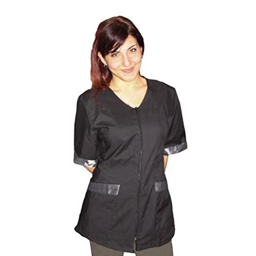 Damen-Arbeitskittel mit Reißverschluss, einfacher Stil, kurze Ärmel, V-Ausschnitt, für Kosmetikerinnen, Friseure, Lehrer, Lebensmittel, Schwarz Laminat-Einsatz Grau, X-Large von Peter's abiti da lavoro