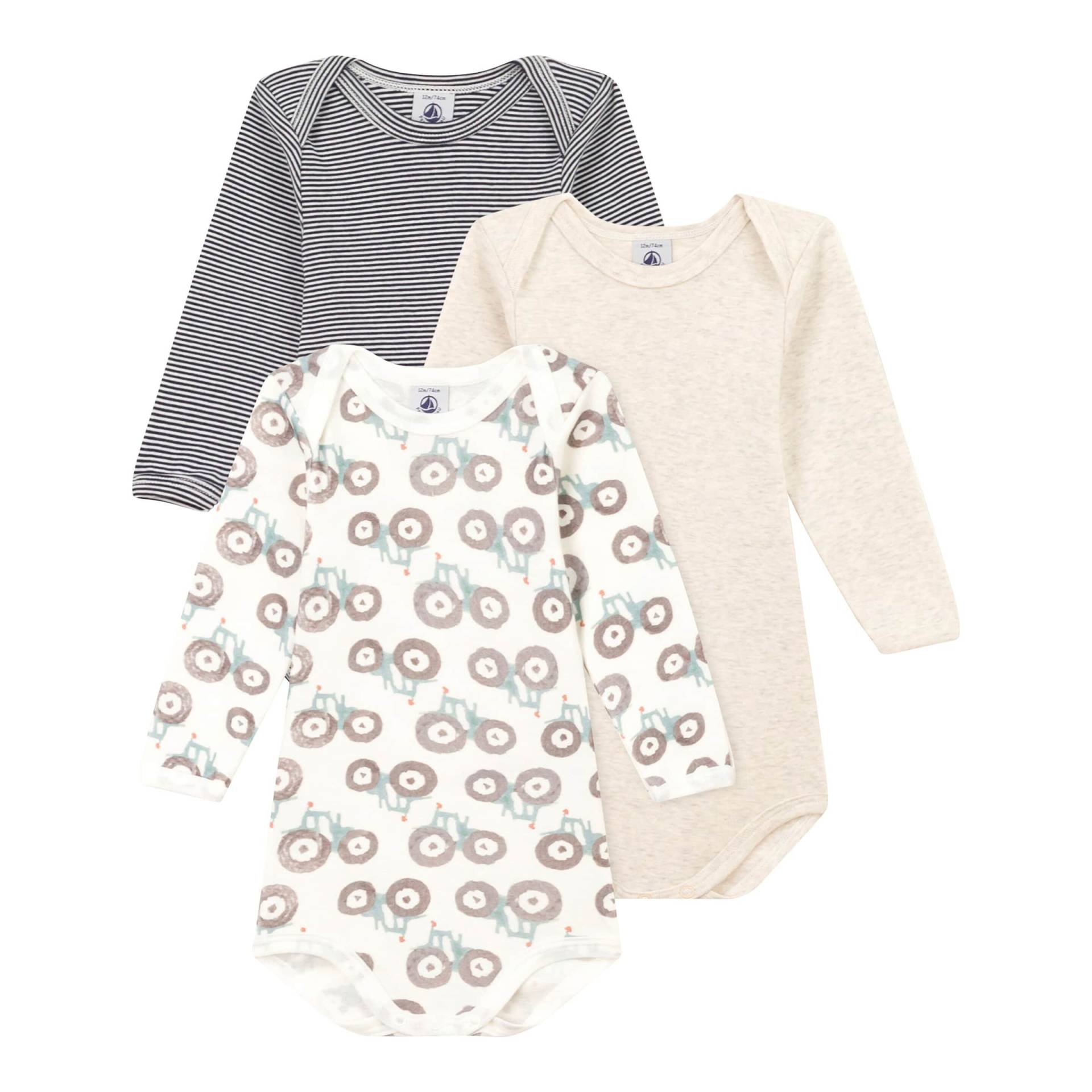 Petit Bateau 3er-Pack Bodys langarm Traktor Ringel von Petit Bateau