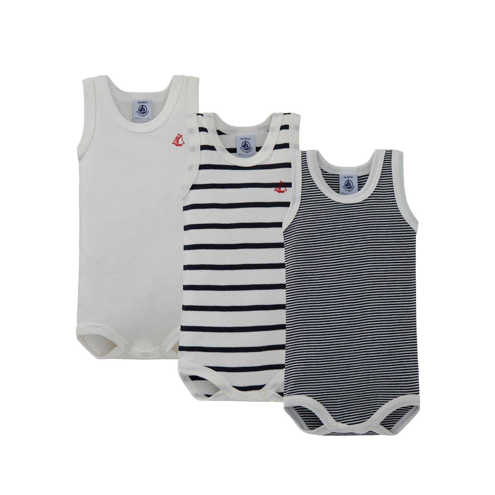 Petit Bateau 3er-Pack Bodys ohne Arm Uni Ringel Streifen von Petit Bateau