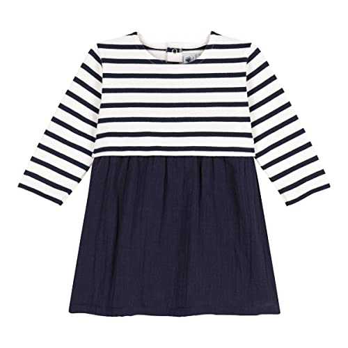 Petit Bateau Baby Mädchen Langarmkleid, Blau Smoking / Weiss Marshmallow, 12 Monate von Petit Bateau