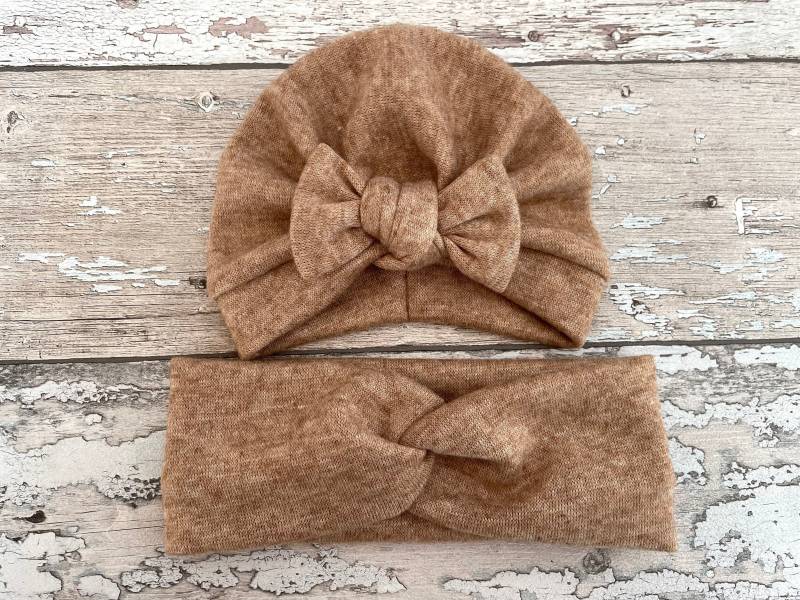Kamelbraunes Winter Turban Set Mama Und Ich, Baby Mädchen Turban, Mütze, Bow Hat, Warme Mütze Für Kinder von PetitBabu
