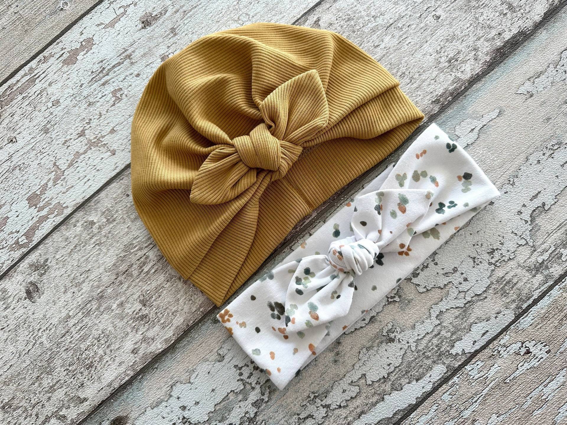 Senf Turban Hut Mit Schleife, Baby Für Den Frühling, Kleinkind Großer Und Stirnband Set von PetitBabu