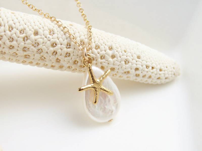 Seestern Und Perle Tropfen Halskette ~ 14K Gf & Süßwasserperle Strandhochzeit Juni Geburtstag Brautjungfer Geschenk von PetitBlue