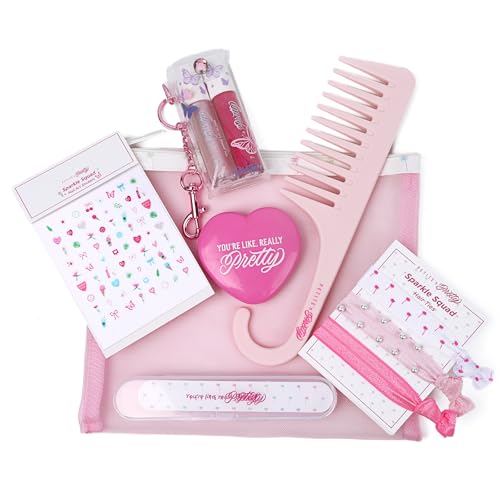 Petite N Pretty All-in-One-Make-up-Set für Kinder, Tweens und Teens – rosa Netztasche mit Lipgloss-Schlüsselanhänger, Haargummis, Nagelabziehbildern, Stirnband, Herzspiegel, Nagelfeile, Kamm – von Petite 'N Pretty