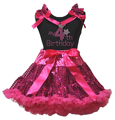 Petitebelle Mein 4. Geburtstag schwarzes Hemd Band Pailletten-Rock 1-8Y 6-8 Jahre Hot Pink von Petitebelle