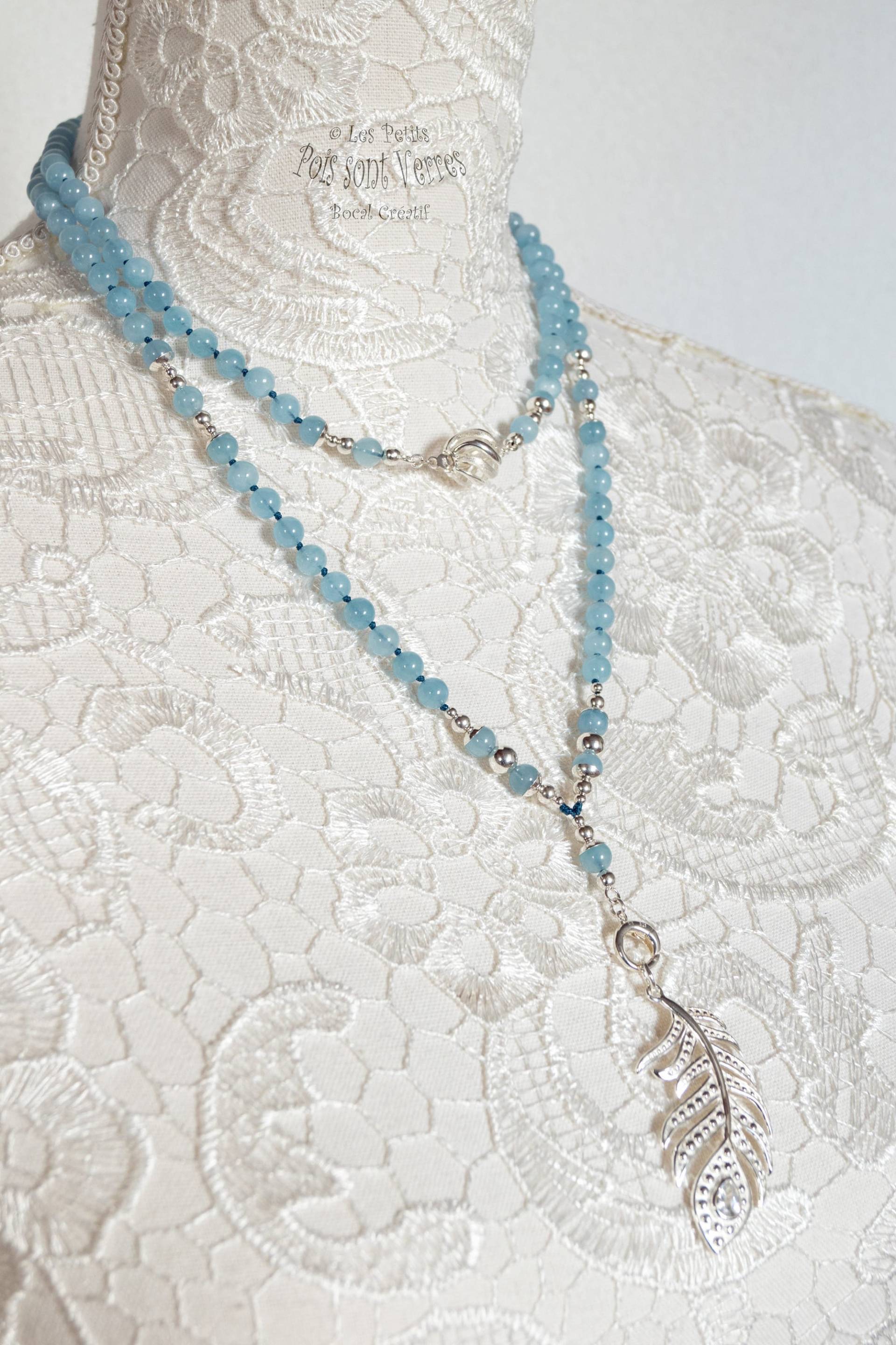 Lange Halskette, Bestehend Aus Steinen in Aquamarin, Perlen Und Einem Feder-Anhänger 925Er Silber Lange Halskette, Bestehend Aus Steinen in Aquamarin, Perlen Und Einem Feder-Anhänger 925Er Silber von PetitsPoisSontVerres