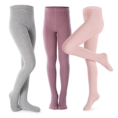 Petrass Mädchen Strumpfhosen Kleinkind Zopfmuster Baumwolle Nahtlos Tanz Ballett Baby Mädchen Leggings 3 Stück Rosa/Lila/Grau 9-10 Jahr von Petrass