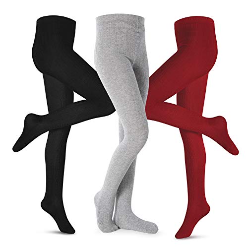 Petrass Mädchen Strumpfhosen Kleinkind Zopfmuster Baumwolle Nahtlose Tanz Ballett Baby Mädchen Leggings 3 Stück Schwarz/Grau/Rot 7-8 Jahre von Petrass