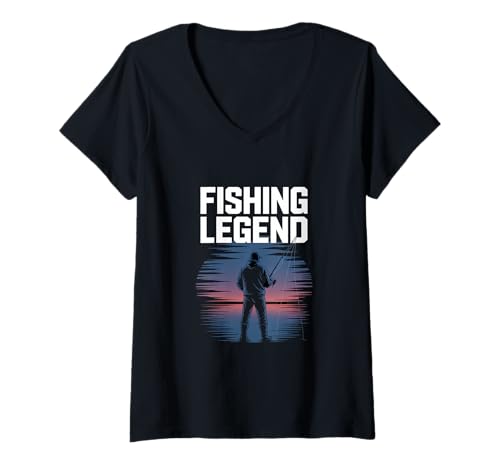 Damen Angeln Raubfisch See Sonnenuntergang Fishing Legend T-Shirt mit V-Ausschnitt von Petri Heil Angler Spruch Raubfisch Sonnenaufgang