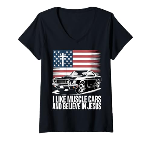 Damen Ich mag Muscle-Cars und glaube an Jesus T-Shirt mit V-Ausschnitt Damen Ich mag Muscle-Cars und glaube an Jesus T-Shirt mit V-Ausschnitt von Petrolhead Threads
