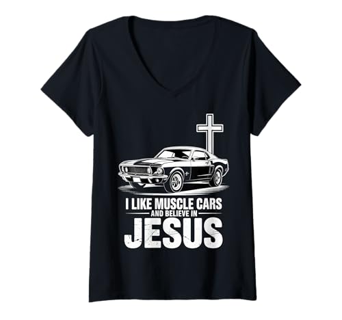Damen Ich mag Muscle-Cars und glaube an Jesus T-Shirt mit V-Ausschnitt Damen Ich mag Muscle-Cars und glaube an Jesus T-Shirt mit V-Ausschnitt von Petrolhead Threads