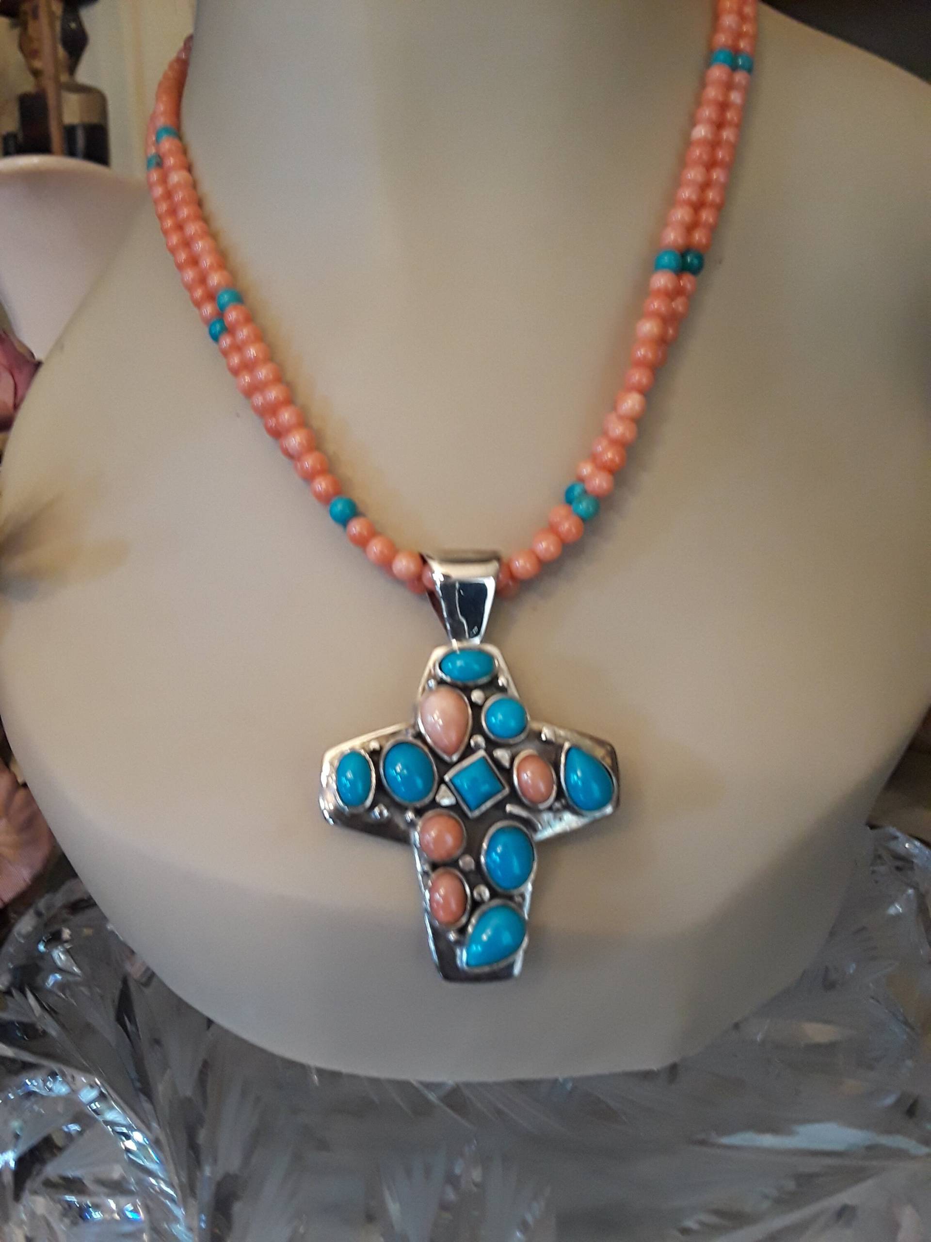 sterling Silber Kreuz Anhänger Mit Türkis Und Koralle von PetronellaGDesigns