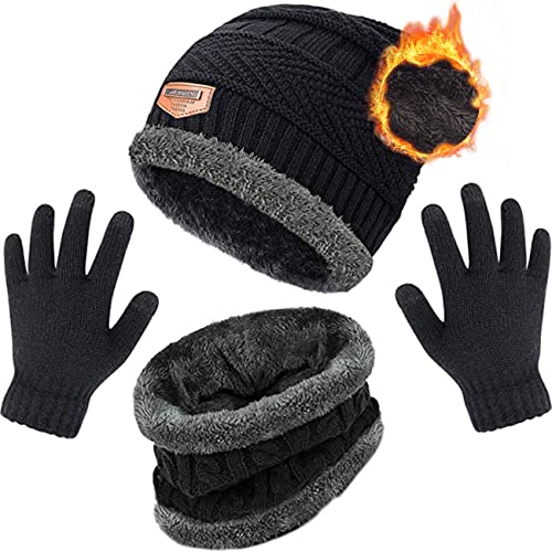 Petrunup 3Pcs Mütze Schal Handschuhe Jungen, Winter Beanie Halswärmer und Handschuhe Touchscreen für Kinder Mädchen, Schwarz von Petrunup