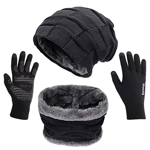 Petrunup 3Pcs Wintermütze Handschuhe Schal Herren, Slouch Beanie Halswärmer und Handschuhe Touchscreen mit Futter, Schwarz von Petrunup