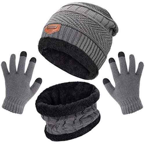 Petrunup 3pcs Wintermütze Schal und Handschuhe Set für Kinder, Jungs Beanie Hut Halswärmer Strickhandschuhe Touchscreen, Grau von Petrunup