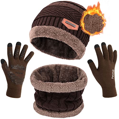 Petrunup Hut Loop Schal und Handschuhe Touchscreen Gestrickt Warm 3Pcs Winter Mütze Halswärmer und Handschuhe Set Unisex Braun von Petrunup