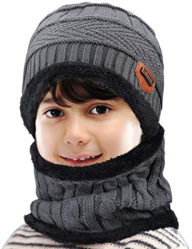 Petrunup Kinder Wintermütze Winterschal Beanie Kinder Strickmütze Beanie Mütze für Kinder mit Fleecefutter von Petrunup