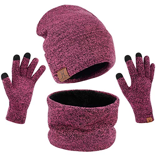 Petrunup Thermische Handschuhe Mütze Schal Damen, Winter Beanie Hut Halswärmer und Touchscreen Handschuhe Strick, Rose Red von Petrunup