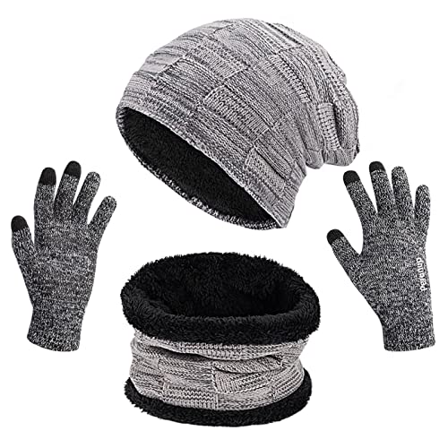 Petrunup Winter Skull Cap Loop Schal Touchscreen Handschuhe, Beanie Mütze Snood und Handschuhe Set für Herren Damen, Hellgrau von Petrunup