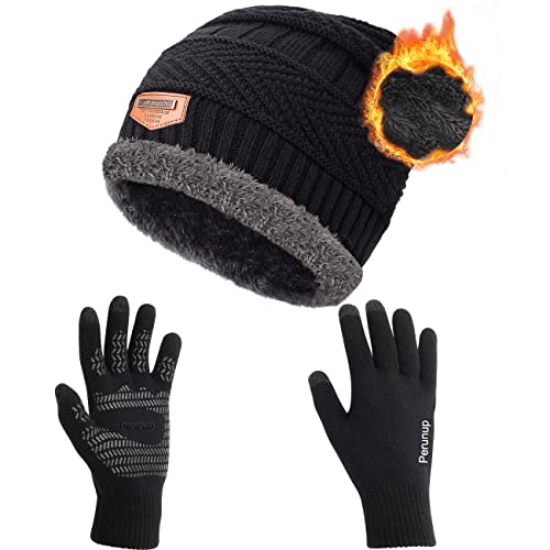 Petrunup Winter Slouch Beanie und Touchscreen Handschuhe Set, Skull cap Handschuhe Strick Warm Herren Damen, Schwarz von Petrunup