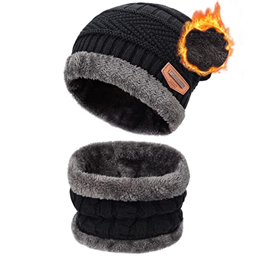 Petrunup Winter Strick Beany Beanie Hat Set + Fleece gefüttert Halswärmer Schal für Männer schwarz von Petrunup