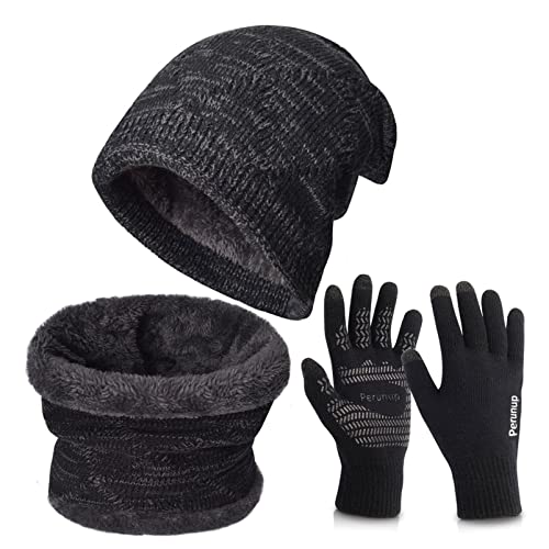 Petrunup warme Strickmütze für den Winter, Touchscreen-Handschuhe, Schal, 3/2-teiliges Set mit doppellagigem Fleecefutter für Damen und Herren von Petrunup