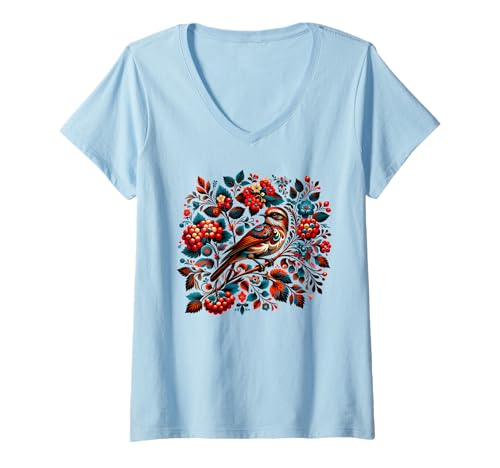 Damen Petrykiwka, Vogel, Pracht, Ukraine, Malerei T-Shirt mit V-Ausschnitt Damen Petrykiwka, Vogel, Pracht, Ukraine, Malerei T-Shirt mit V-Ausschnitt von Petrykivka art Designs