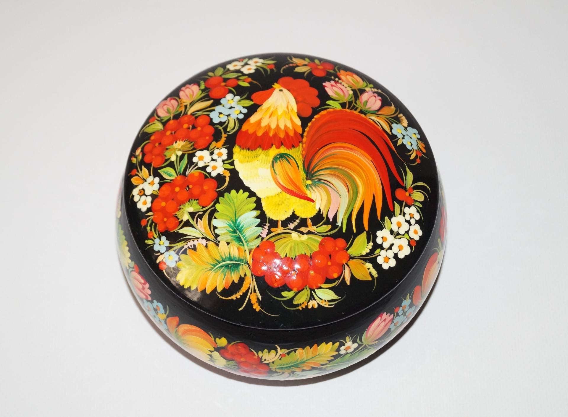 Handbemalte Petrikov Holz Schmuckschatulle Mit Hahn Design von Petrykovka