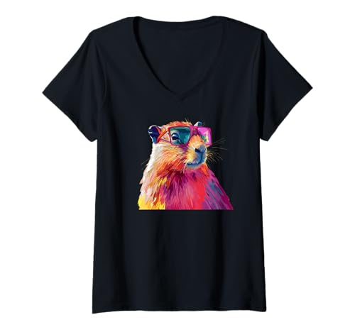 Damen Cool Capybara trägt Sonnenbrille Zeichnung T-Shirt mit V-Ausschnitt von Pets by Guntah