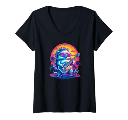 Damen Cooler Igel, der Gitarre spielt und Sonnenbrille trägt Zeichnung T-Shirt mit V-Ausschnitt von Pets by Guntah