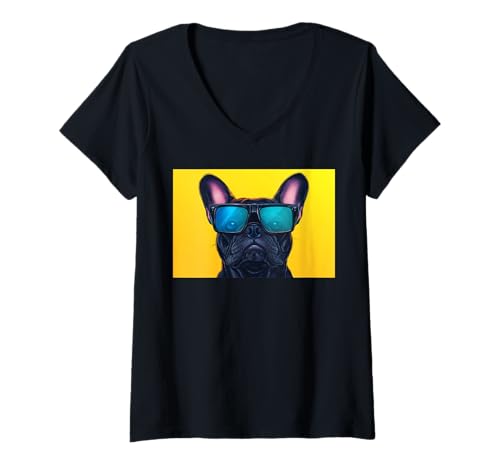 Damen Eine Zeichnung Einer coolen französischen Bulldogge mit Sonnenbrille T-Shirt mit V-Ausschnitt Damen Eine Zeichnung Einer coolen französischen Bulldogge mit Sonnenbrille T-Shirt mit V-Ausschnitt von Pets by Guntah