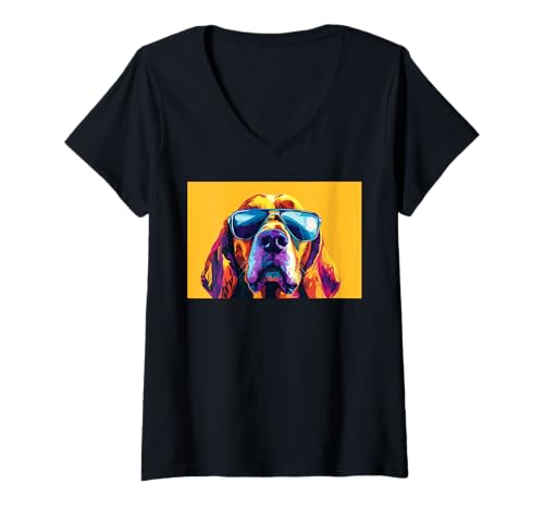 Damen Eine Zeichnung eines coolen Bracco Italiano-Hundes mit Sonnenbrille T-Shirt mit V-Ausschnitt Damen Eine Zeichnung eines coolen Bracco Italiano-Hundes mit Sonnenbrille T-Shirt mit V-Ausschnitt von Pets by Guntah