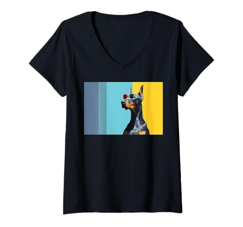 Damen Eine Zeichnung eines coolen Dobermann-Hundes mit Sonnenbrille T-Shirt mit V-Ausschnitt Damen Eine Zeichnung eines coolen Dobermann-Hundes mit Sonnenbrille T-Shirt mit V-Ausschnitt von Pets by Guntah