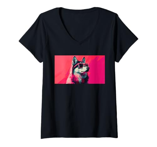 Damen Eine Zeichnung eines coolen sibirischen Husky-Hundes mit Sonnenbrille T-Shirt mit V-Ausschnitt Damen Eine Zeichnung eines coolen sibirischen Husky-Hundes mit Sonnenbrille T-Shirt mit V-Ausschnitt von Pets by Guntah